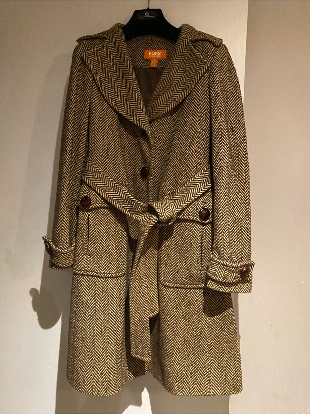 Michael Kors Tan Herringbone Belted Trench Coat with Notch Collar